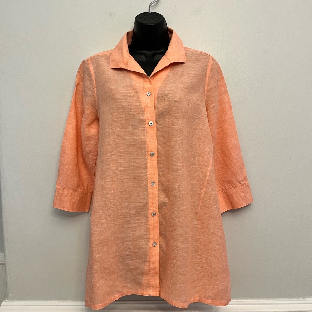 Foxcroft Peach Linen Button Down 3/4 Sleeve Tunic, Size 6